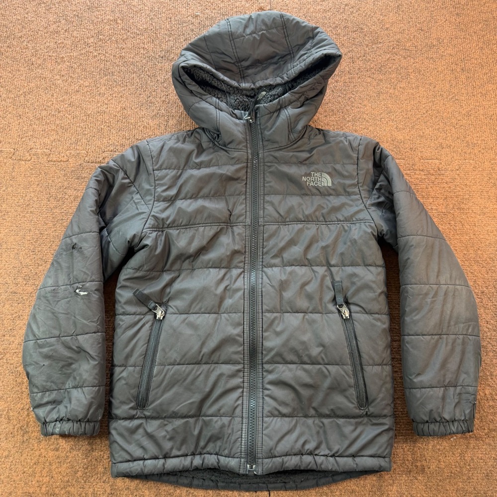The North Face Boys Reversible Mossbud Swirl Jacket Black Puffer Fleece Hooded